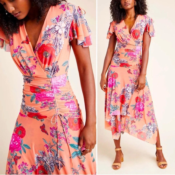 Anthropologie Maeve Simone Floral Ruched Flutter Sleeve Jersey Midi Dress Orange - Picture 1 of 7